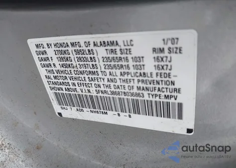 2007 Honda Odyssey Ex-L z USA, uszkodzony, nr VIN 5FNRL38687B036863